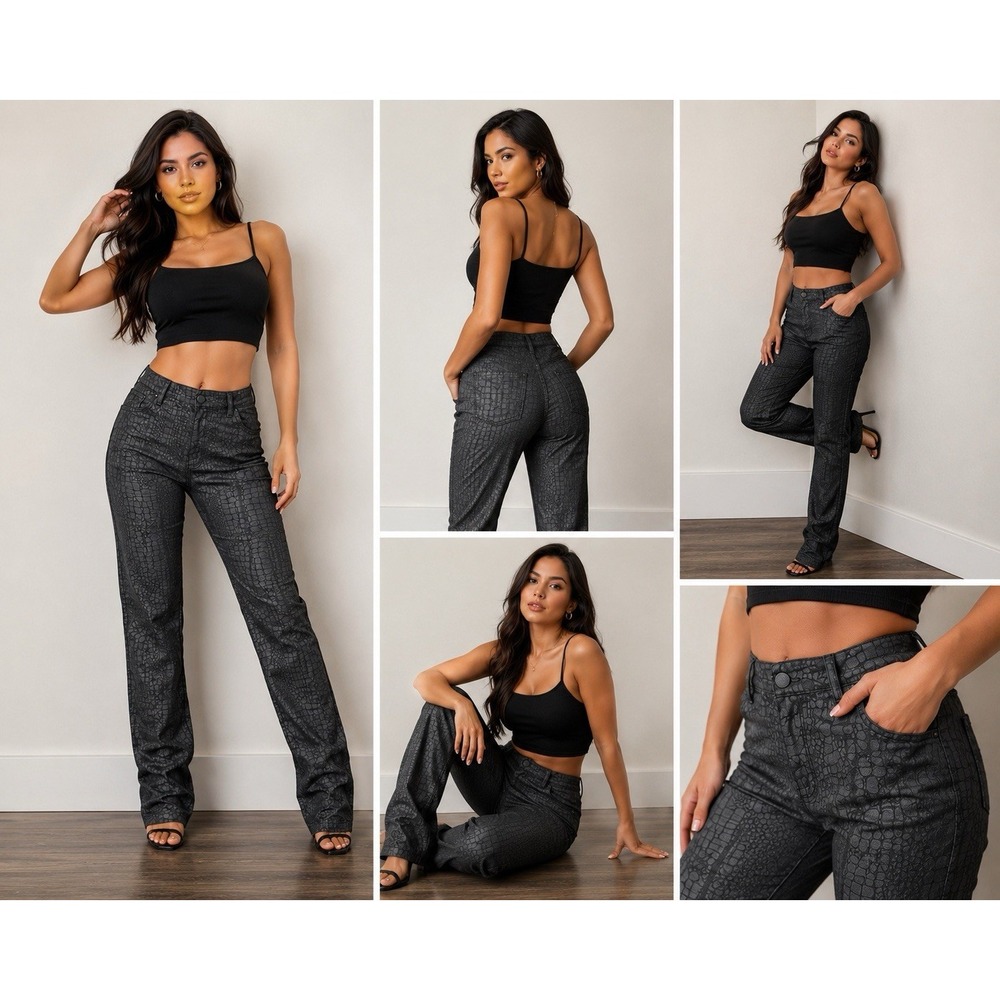 VERSONA Women Black Faux Leather Crocodile Embossed Skinny Pants Size M